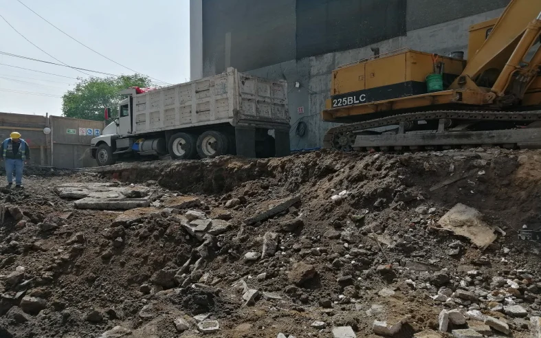 Excavadora y camión para movimiento de tierras